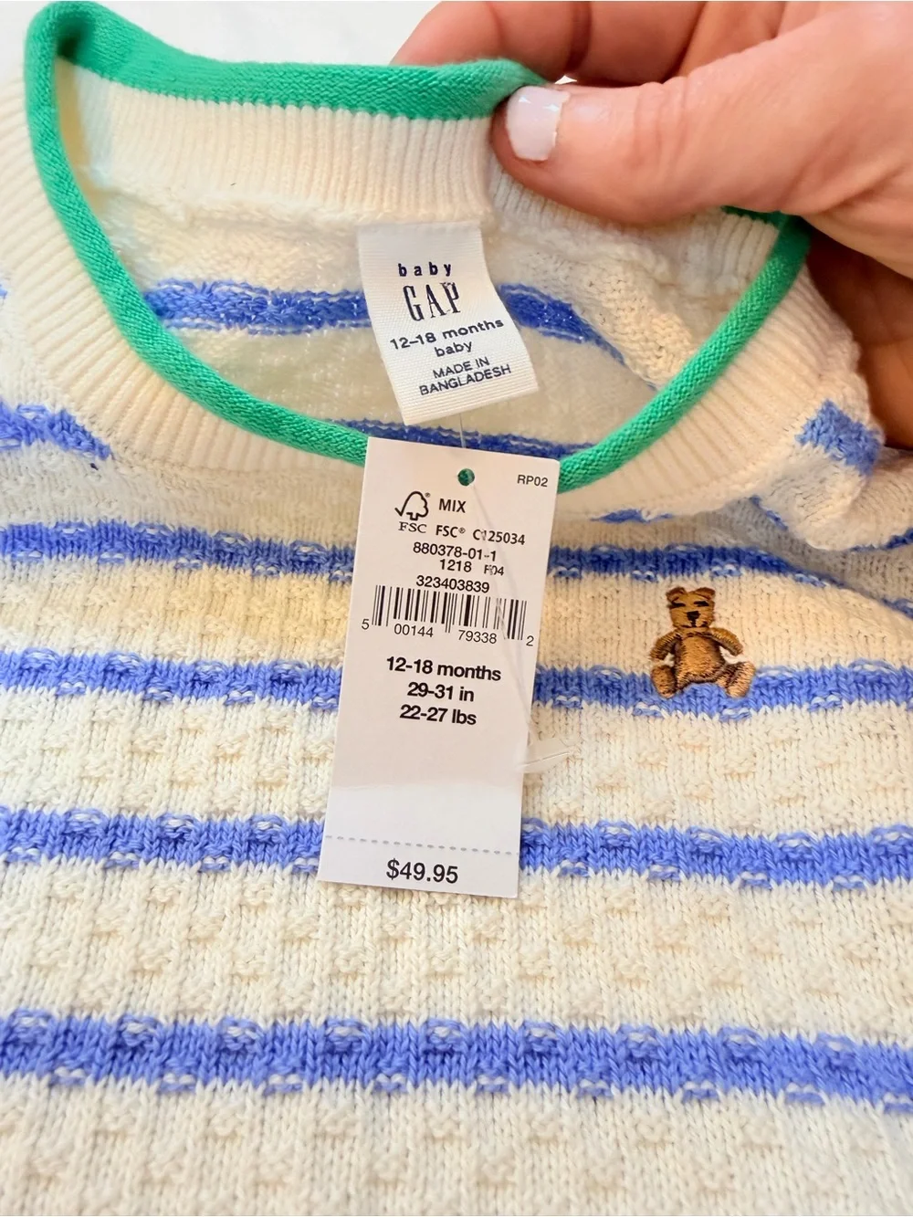 Baby GAP Cream & Lake Blue Striped Cotton Knit Set Kelly Green Detailing 12-18M